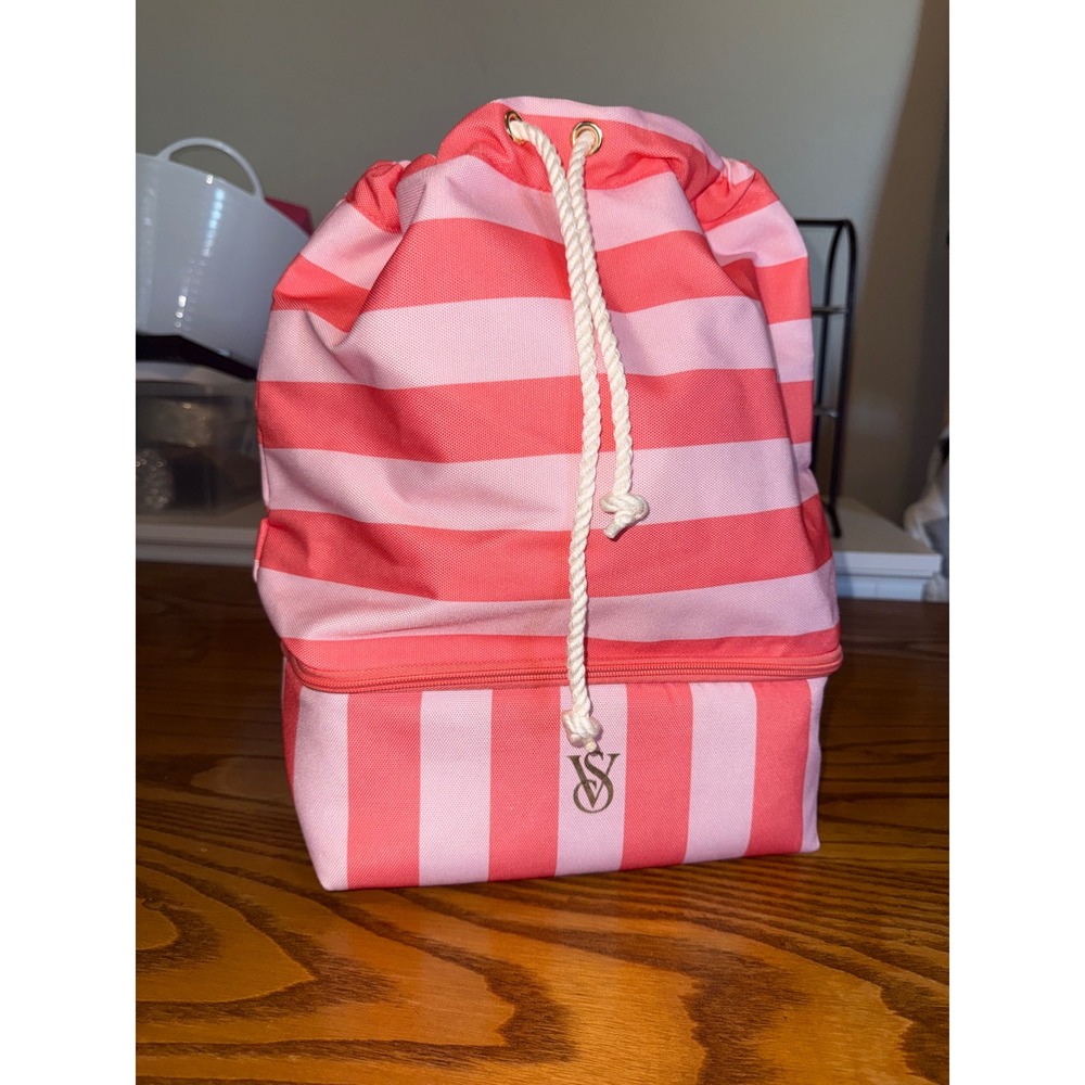 Victorias Secret Pink Striped Drawstring Backpack Cooler Bag Canvas Beach Tote - Picture 2 of 8